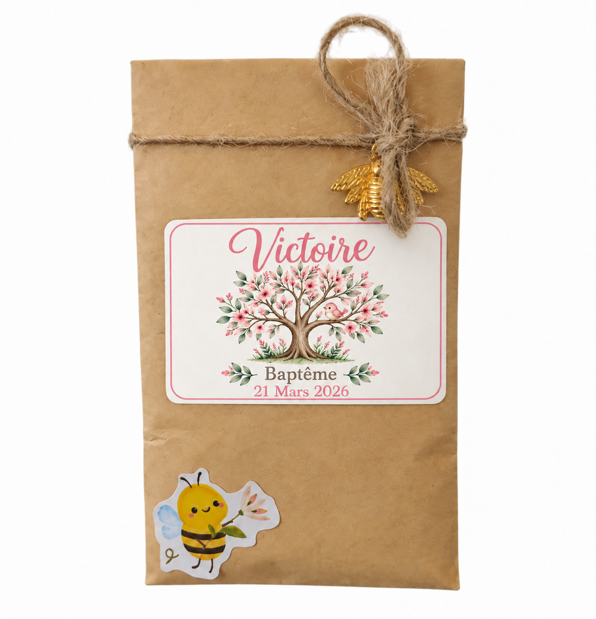 Sachet de graines personnalisé baptême avec arbre de vie, cadeau invité personnalisable fille