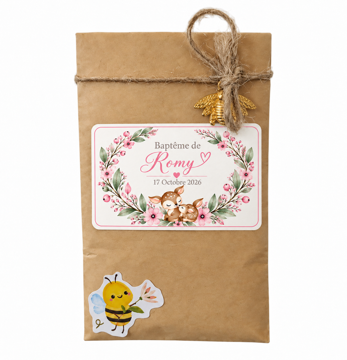 Sachet de graines personnalisé baptême avec faon fleuri, cadeau invité personnalisable fille