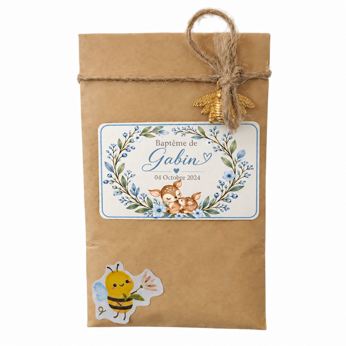 Sachet de graines personnalisé baptême avec faon fleuri, cadeau invité personnalisable fille ou garçon