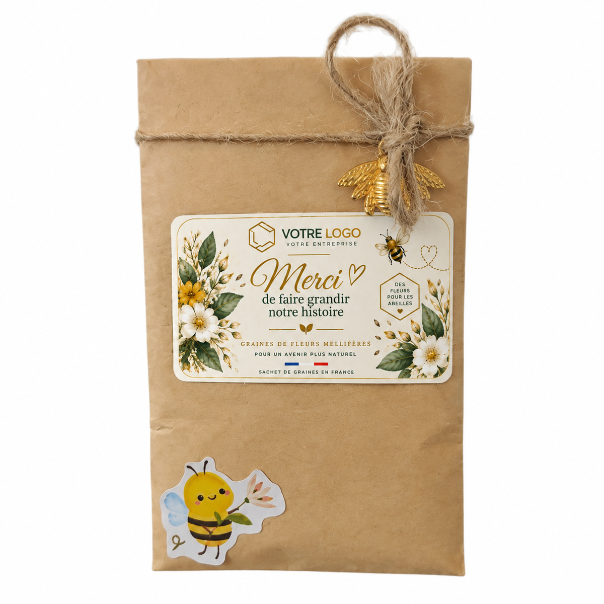 Sachet de graines personnalisées cadeau client entreprise avec étiquette Merci, fleurs mellifères et abeilles