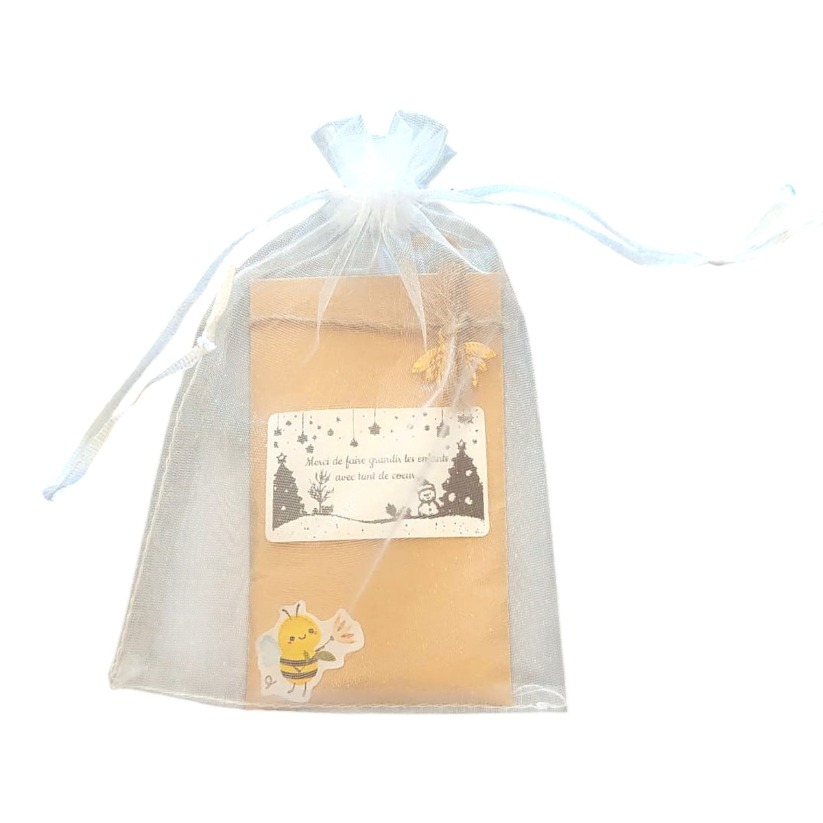Sachet de graines personnalisé avec breloque abeille dorée, cadeau de fin d'année pour maîtresse, ATSEM, nounou ou crèche avec étiquette personnalisée.