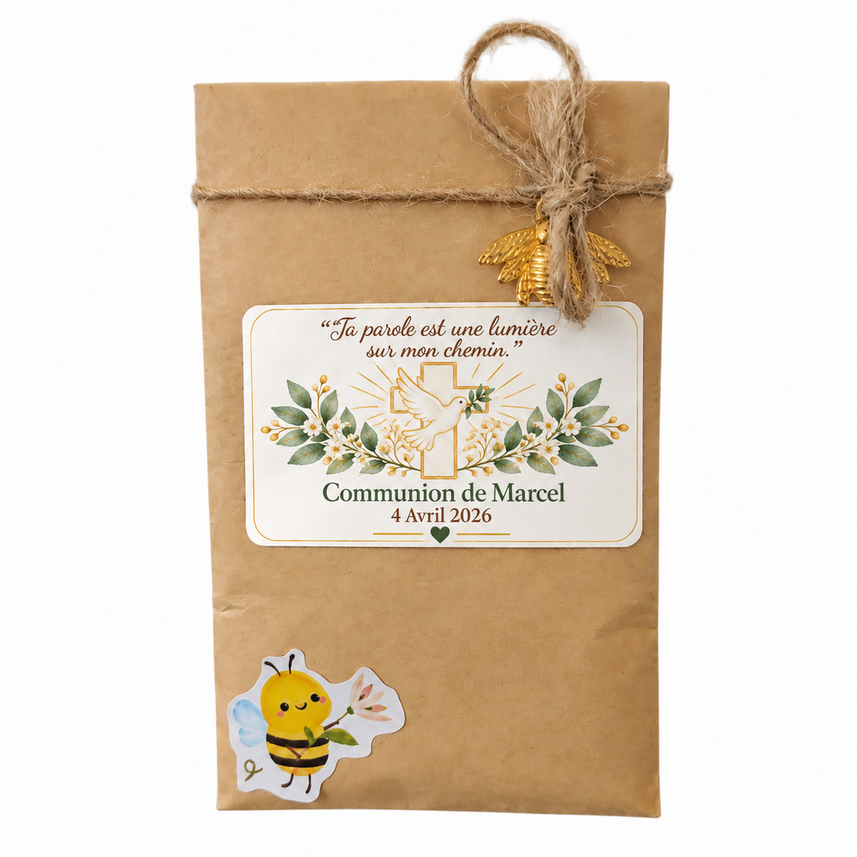 Sachet de graines personnalisé communion avec croix et colombe, cadeau invité de communion