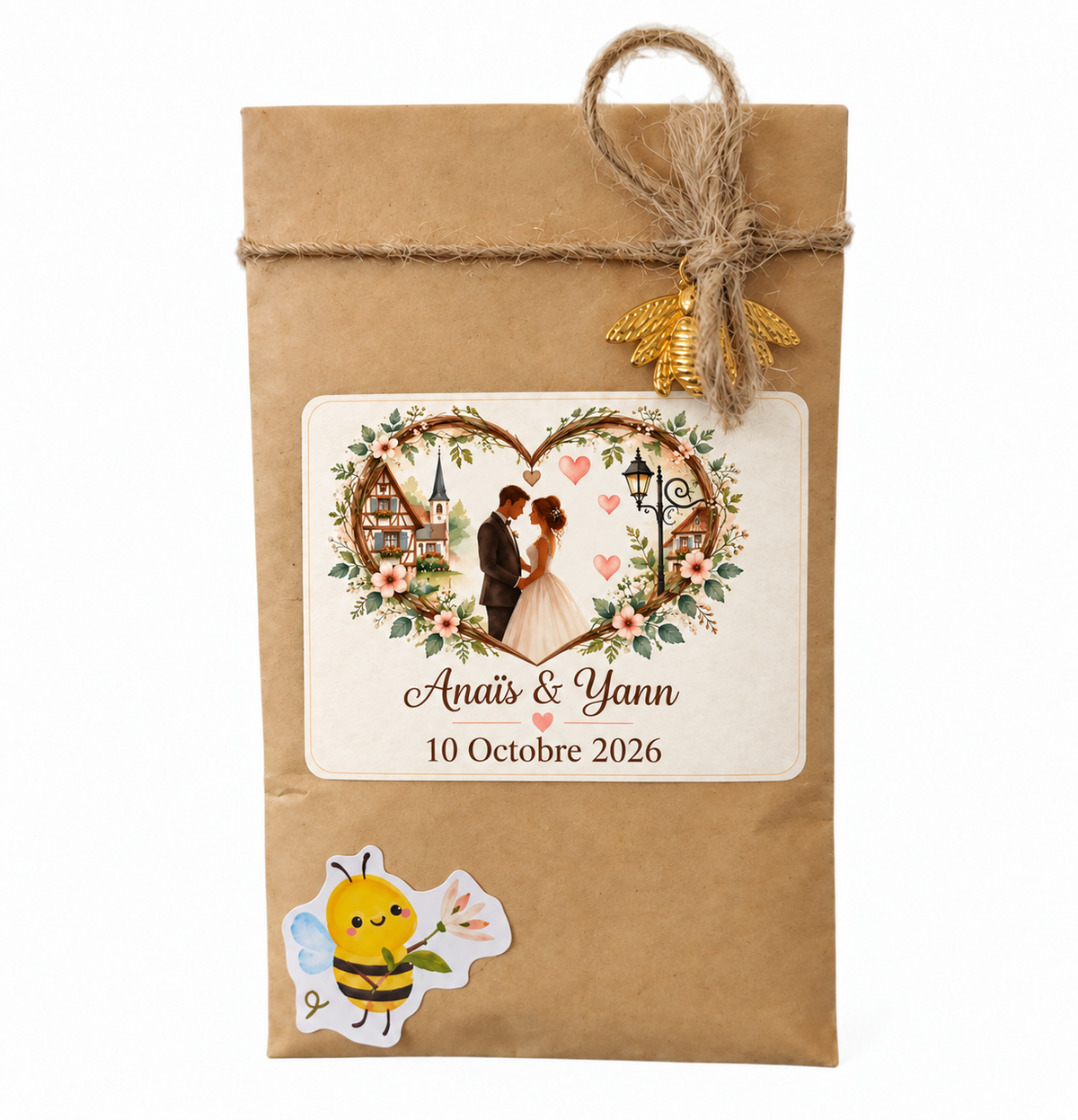 Sachet de graines personnalisé mariage avec étiquette cœur romantique, cadeau invité personnalisé