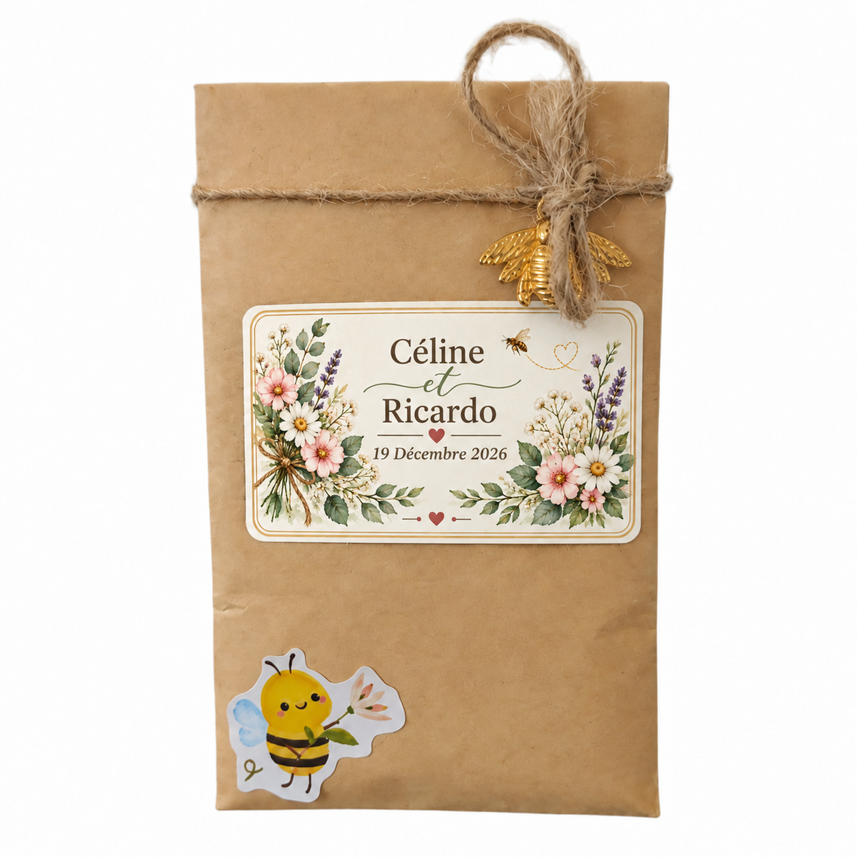 Sachet de graines personnalisé mariage aux fleurs champêtres, cadeau invité avec étiquette personnalisée