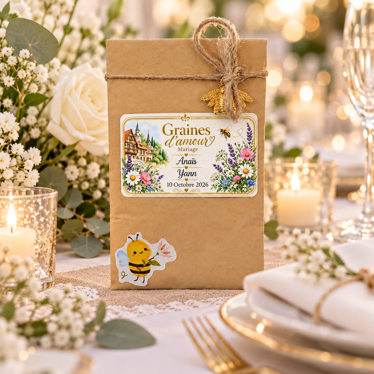 Sachet de graines personnalisé mariage Graines d’Amour, cadeau invité présenté sur une table de mariage