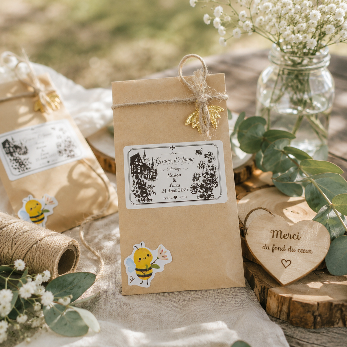 Sachet de graines personnalisé mariage présenté en décoration de table champêtre, avec étiquette personnalisée aux prénoms des mariés, cadeau invité original et élégant.