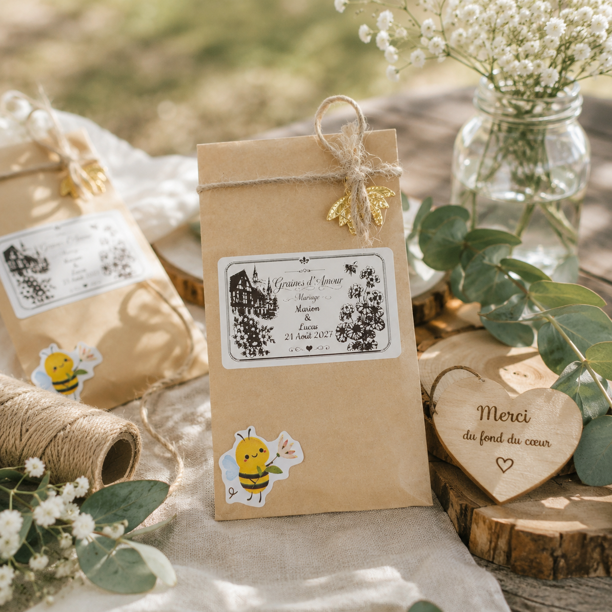 Sachet de graines personnalisé mariage présenté en décoration de table champêtre, avec étiquette personnalisée aux prénoms des mariés, cadeau invité original et élégant.