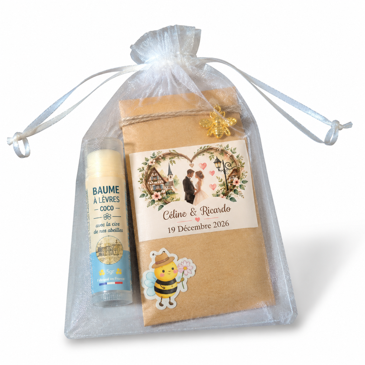 Sachet de graines personnalisé mariage avec étiquette Céline et Ricardo, cadeau invité éco-responsable avec baume à lèvres artisanal