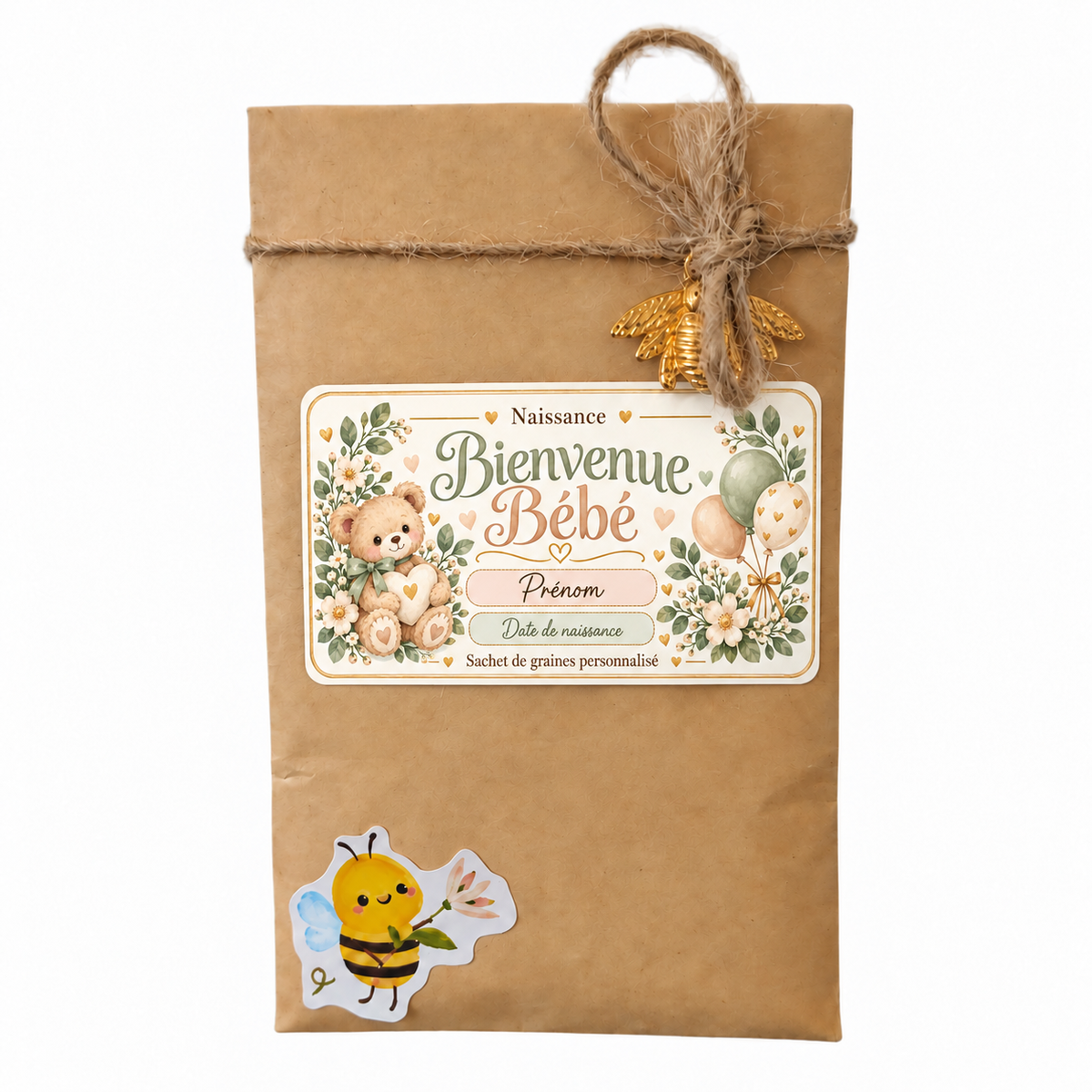 Sachet de graines personnalisé pour cadeau invité naissance, avec étiquette Bienvenue Bébé illustrée d’un ourson et de ballons, ficelle naturelle et breloque abeille dorée.