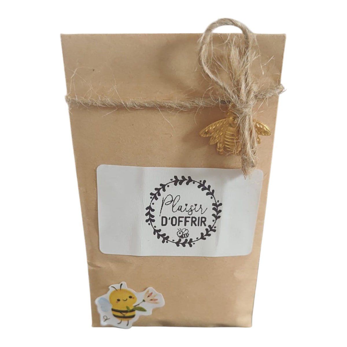Sachet de graines personnalisé avec étiquette « Plaisir d'offrir », breloque abeille dorée et ficelle naturelle, cadeau de Noël prêt à offrir.
