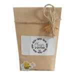 Sachet de graines personnalisé avec étiquette « Plaisir d'offrir », breloque abeille dorée et ficelle naturelle, cadeau de Noël prêt à offrir.
