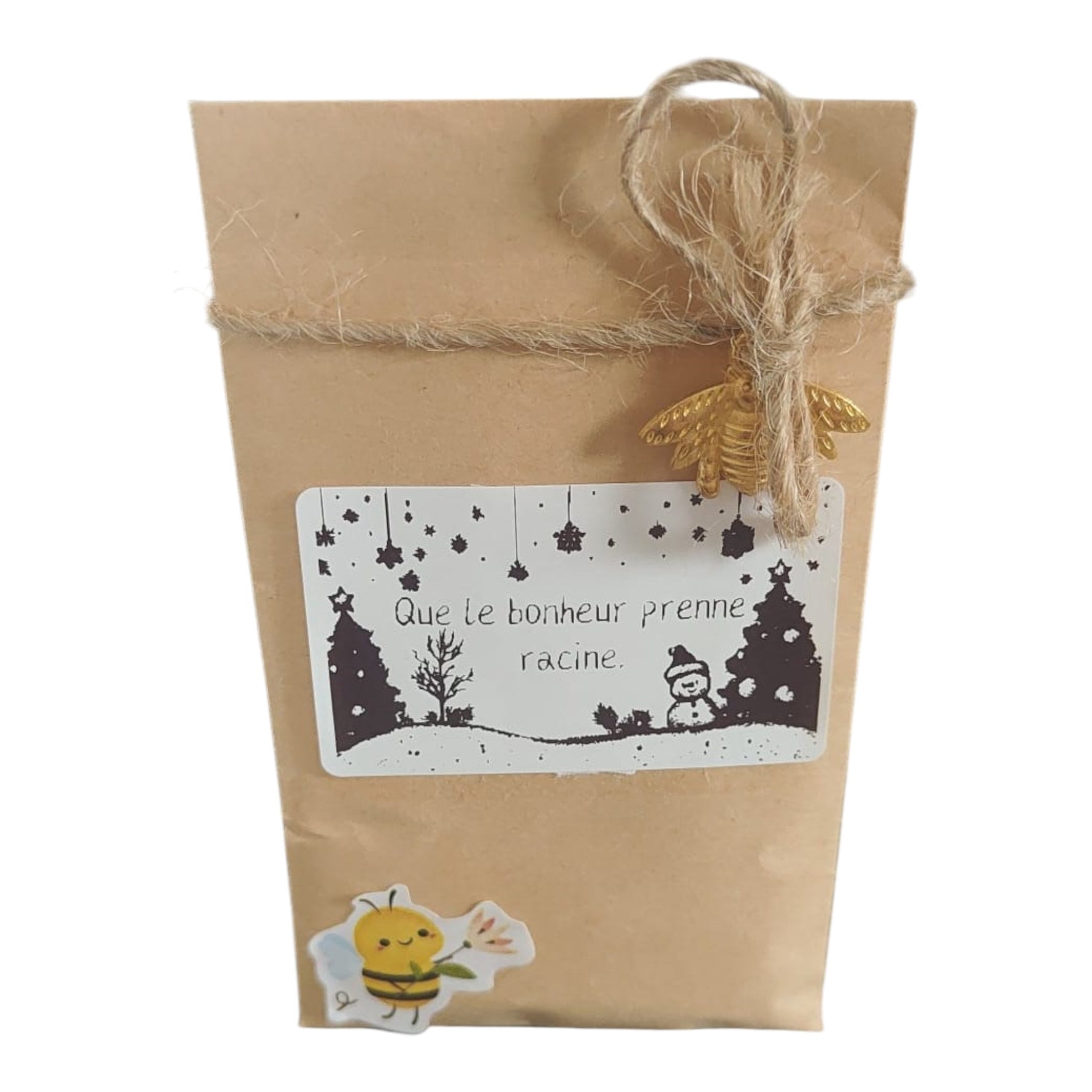 Sachet de graines personnalisé avec le message « Que le bonheur prenne racine », breloque abeille dorée et ficelle naturelle, cadeau artisanal de Noël.
