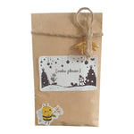 Sachet de graines avec étiquette entièrement personnalisable, ficelle naturelle et breloque abeille dorée, cadeau personnalisé de Noël.